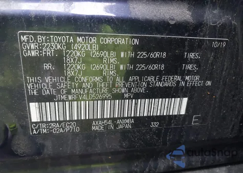 2020 Toyota Rav4 Hybrid Xse z USA, uszkodzony, nr VIN JTMEWRFV4LD526995